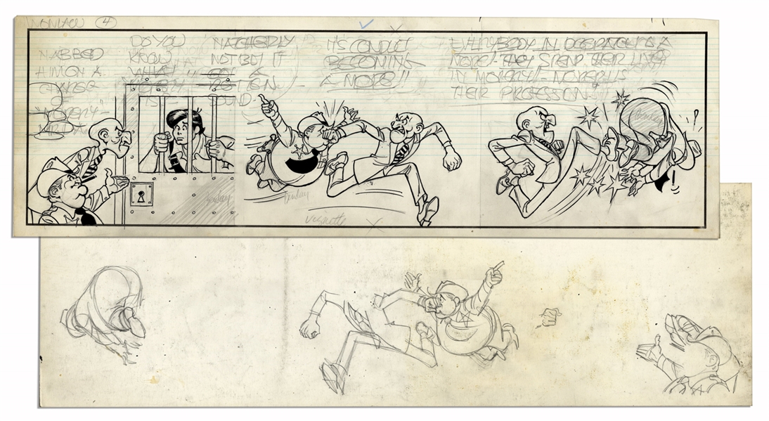 Al Capp ''Li'l Abner'' Unfinished Hand-Drawn Comic -- Featuring Li'l Abner and a Dogpatch Sheriff -- 19.5'' x 6.25'' in Pencil & Ink With Sketches to Verso -- Very Good -- From Capp Estate