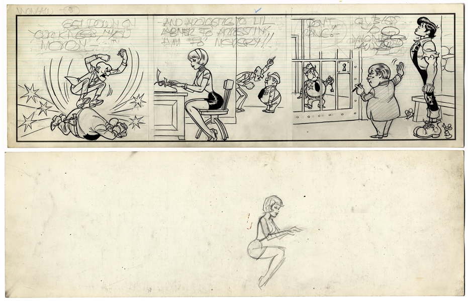 Al Capp ''Li'l Abner'' Unfinished Hand-Drawn Comic Strip -- Featuring Li'l Abner -- Measures 19.5'' x 6.25'' in Pencil & Ink With Character Sketch to Verso -- Very Good -- From Capp Estate