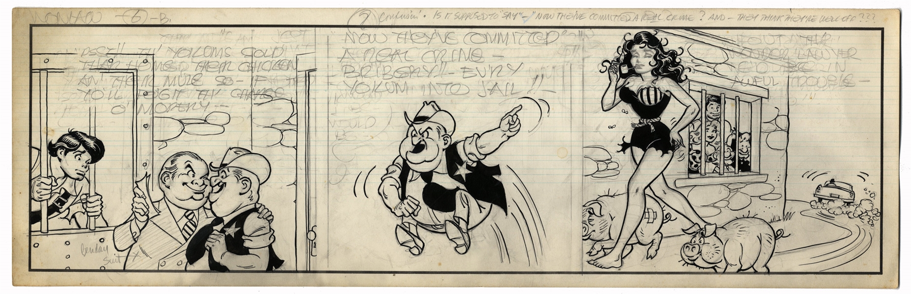 Al Capp ''Li'l Abner'' Unfinished Hand-Drawn Comic -- Featuring Li'l Abner & Moon Beam McSwine -- Measures 19.5'' x 6.25'' in Pencil & Ink, Sketches to Verso -- Very Good -- From Capp Estate