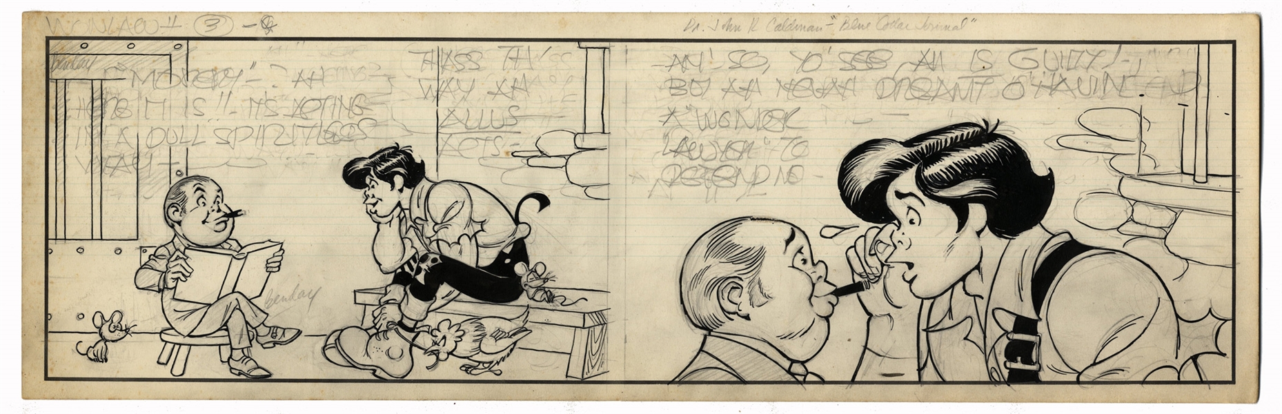 Al Capp ''Li'l Abner'' Unfinished Hand-Drawn Comic Strip -- Featuring Li'l Abner -- 19.5'' x 6.25'' in Pencil & Ink With Character Sketche to Verso -- Very Good -- From the Al Capp Estate
