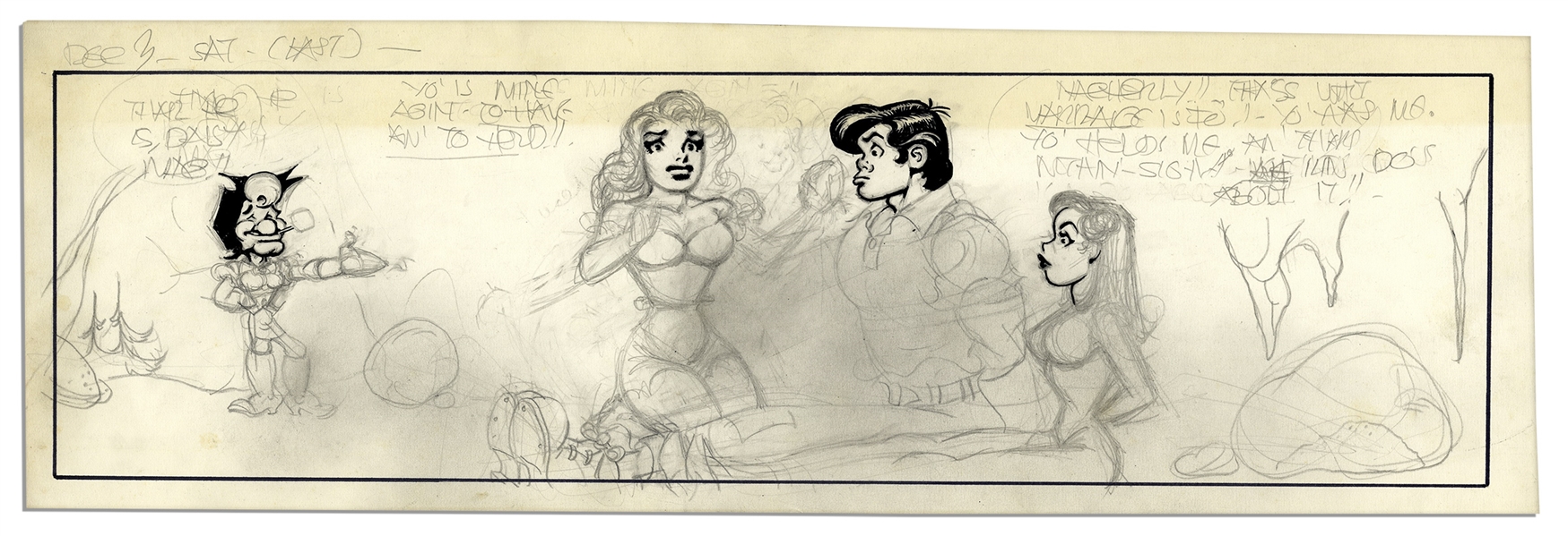 Al Capp ''Li'l Abner'' Unfinished Hand-Drawn Comic Strip -- Featuring Li'l Abner, Daisy Mae & Mammy Yokum -- Measures 19'' x 6.25'' in Pencil & Ink -- Very Good -- From the Al Capp Estate
