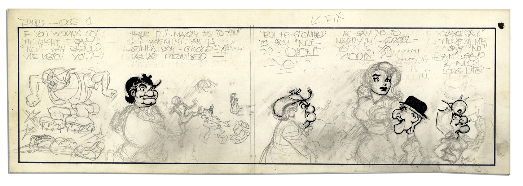 Al Capp ''Li'l Abner'' Unfinished Hand-Drawn Comic Strip -- Featuring Daisy Mae & Mammy Yokum -- Measures 19'' x 6.25'' in Pencil & Ink -- Very Good -- From the Al Capp Estate