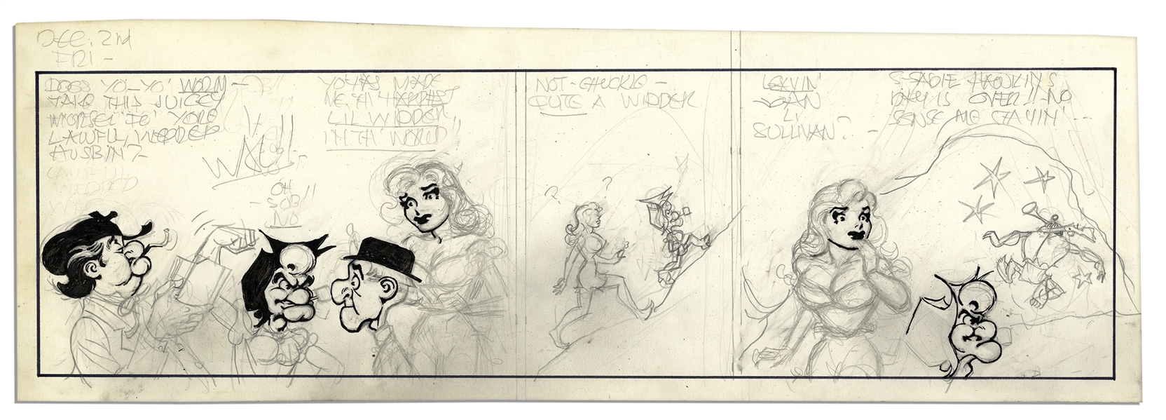 Al Capp ''Li'l Abner'' Unfinished Hand-Drawn Comic Strip -- Featuring Daisy Mae & Mammy Yokum -- Measures 18.75'' x 6.25'' in Pencil & Ink -- Very Good -- From the Al Capp Estate