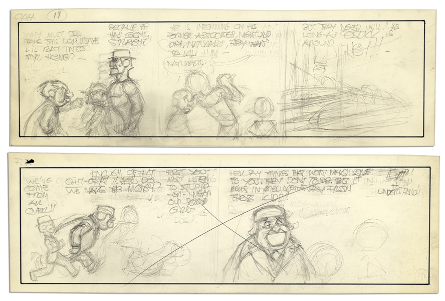 Al Capp ''Li'l Abner'' Unfinished Hand-Drawn Comic Strip -- Featuring Fearless Fosdick -- 18.75'' x 6'' in Pencil With Second Crossed-Out Strip to Verso -- Very Good -- From Al Capp Estate