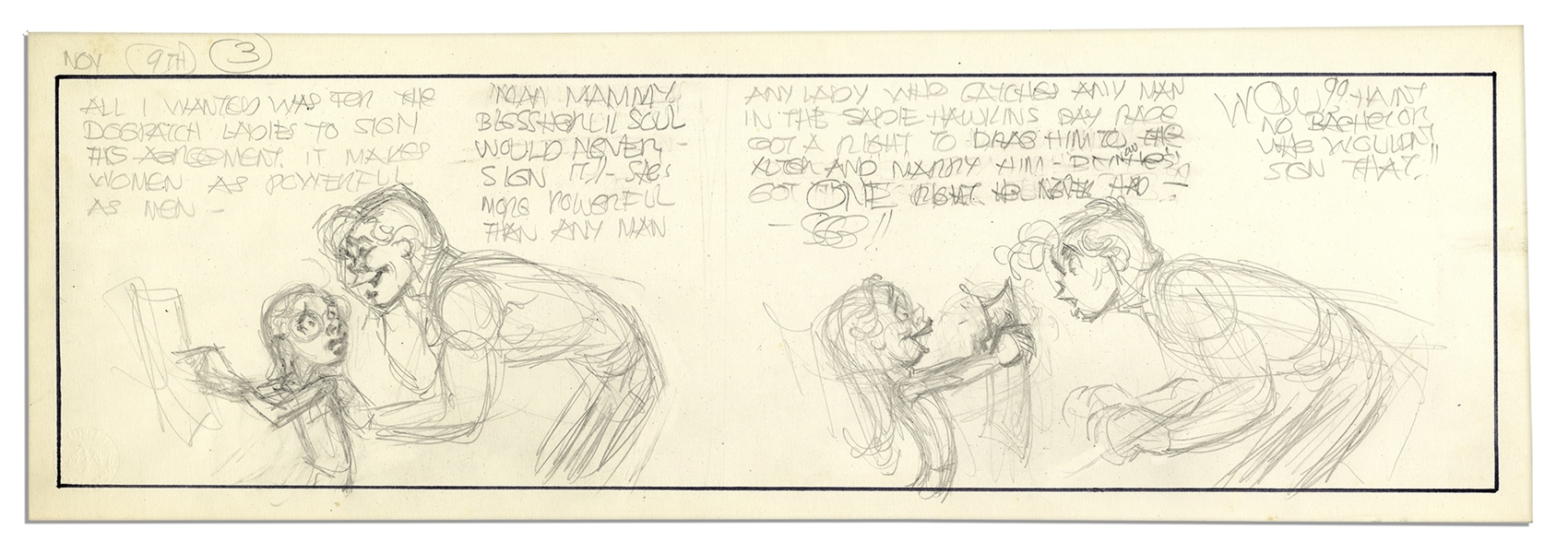 Al Capp ''Li'l Abner'' Unfinished Hand-Drawn Comic Strip -- With a Mention of Sadie Hawkins Day -- Measures 18.75'' x 6.25'' in Pencil -- Very Good -- From the Al Capp Estate