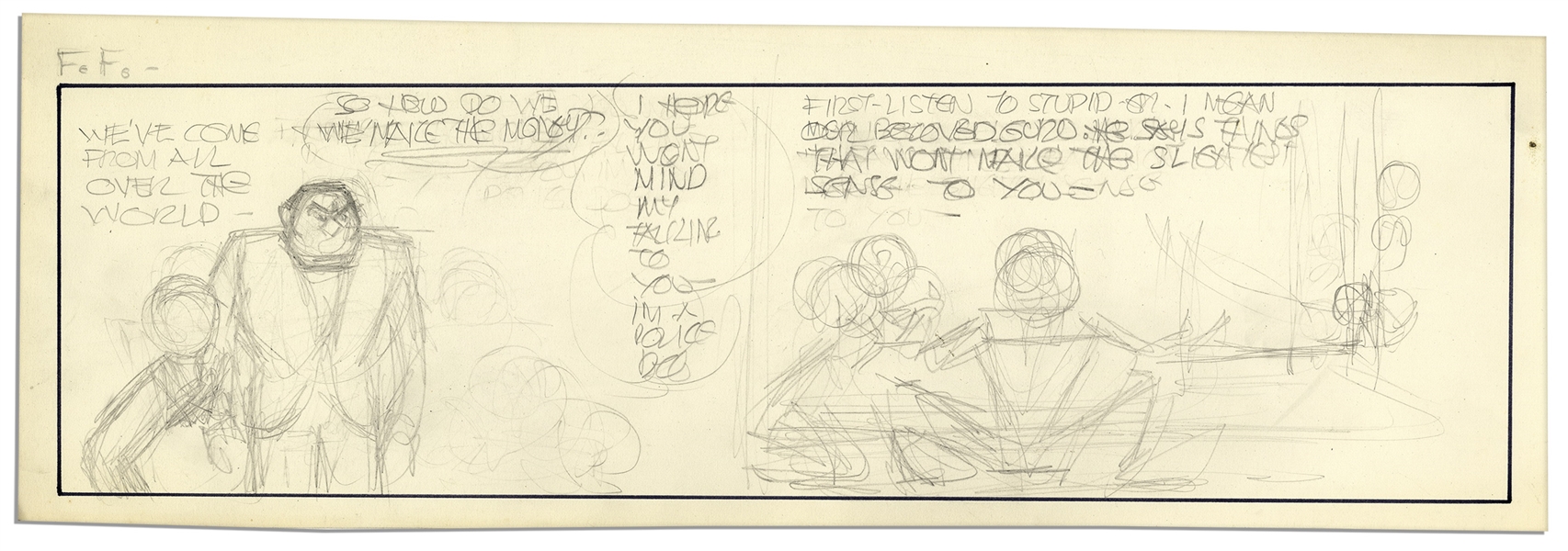 Al Capp ''Li'l Abner'' Unfinished Hand-Drawn Comic Strip in Pencil Very Preliminary Sketches With Dialogue -- Measures 19'' x 6.25'' -- Very Good -- From the Al Capp Estate