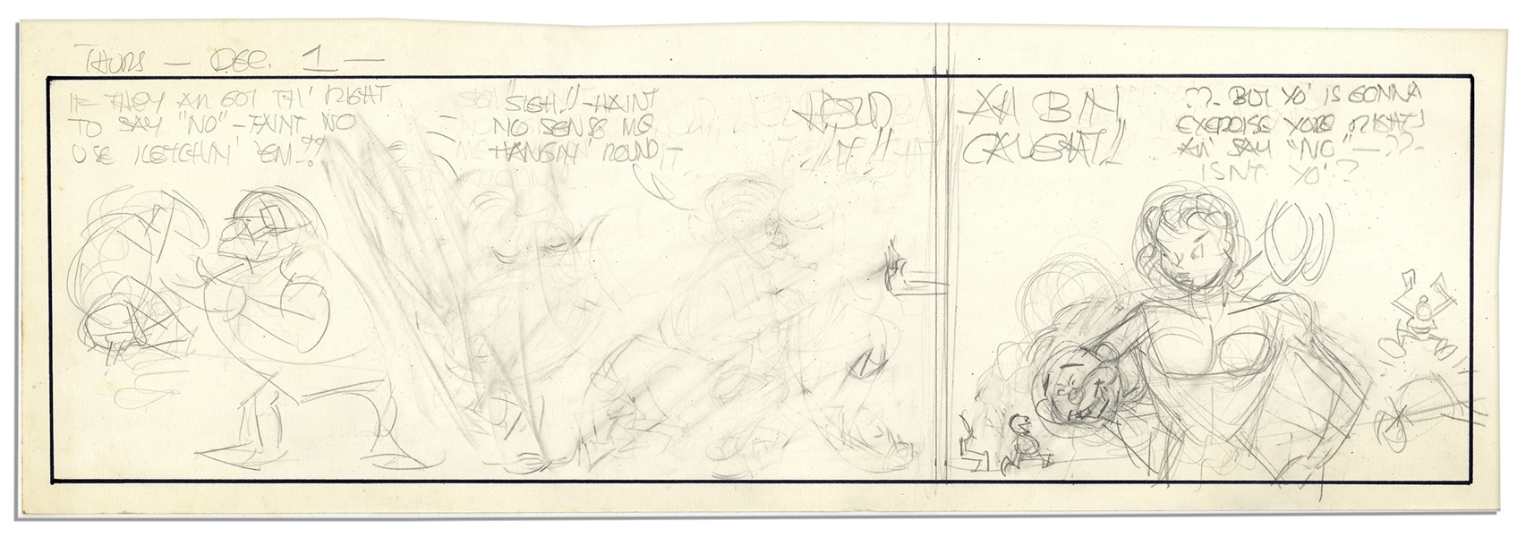 Al Capp ''Li'l Abner'' Unfinished Hand-Drawn Comic Strip in Pencil -- Very Preliminary Sketch With Dialogue -- 18.75'' x 6.25'' With Some Erasing, Else Very Good -- From the Al Capp Estate
