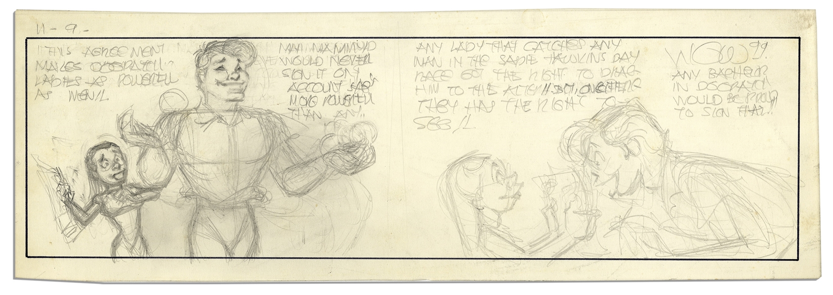Al Capp ''Li'l Abner'' Unfinished Hand-Drawn Comic Strip -- Featuring Li'l Abner & With a Mention of Sadie Hawkins Day -- 18.75'' x 6.25'' in Pencil -- Very Good -- From the Al Capp Estate