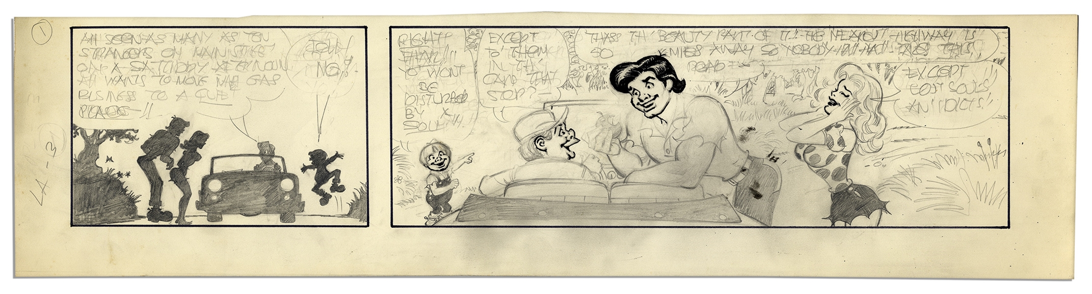 Al Capp ''Li'l Abner'' Unfinished Hand-Drawn Comic Strip -- Featuring Li'l Abner, Daisy Mae & Honest Abe -- Measures 23.25'' x 5.75'' in Pencil & Ink -- Very Good -- From the Al Capp Estate