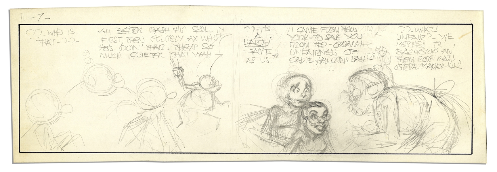 Al Capp ''Li'l Abner'' Unfinished Hand-Drawn Comic Strip -- With a Mention of Sadie Hawkins Day -- Measures 18.75'' x 6.25'' in Pencil -- Very Good -- From the Al Capp Estate