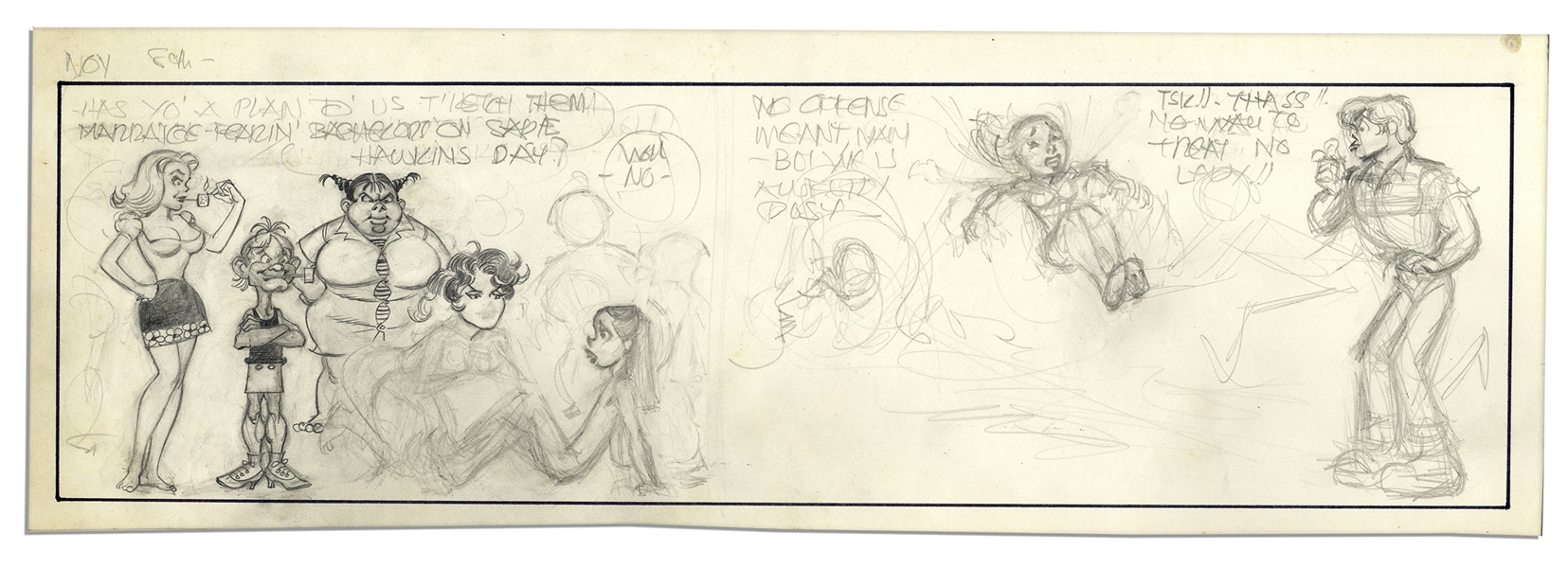 Unfinished Comic Strip by Al Capp in Pencil -- Dated ''Nov. 8th'' in Pencil & Featuring Li'l Abner & Daisy Mae -- 18.5'' x 6.25'' -- Very Good -- From the Al Capp Estate