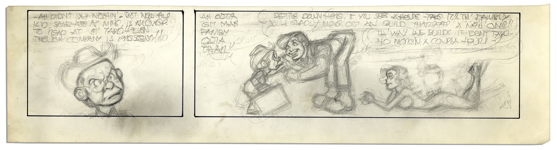 ''Li'l Abner'' Unfinished Comic Strip by Al Capp in Pencil -- Undated Strip Features Li'l Abner & Daisy Mae -- 22.75'' x 6'' -- Very Good -- From the Al Capp Estate