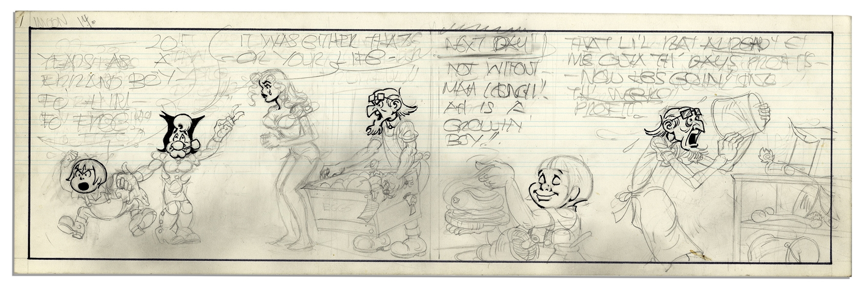 Unfinished Comic Strip by Al Capp in Pencil & Ink -- Undated Strip Features Mammy & Pappy Yokum, Daisy Mae & Honest Abe -- 19.5'' x 6.25'' -- Very Good -- From the Al Capp Estate