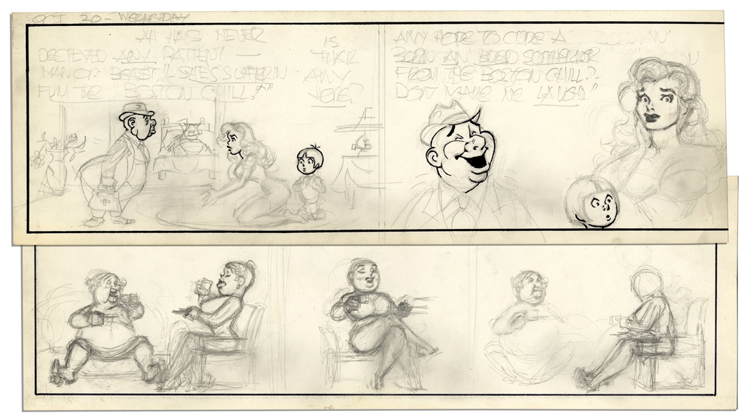 Unfinished ''Li'l Abner'' Comic Strip by Al Capp, Drawn in Pencil on Both Sides -- Undated & Untitled, Features Daisy Mae & Honest Abe -- 18.5'' x 6.5'' -- Very Good -- From Al Capp Estate
