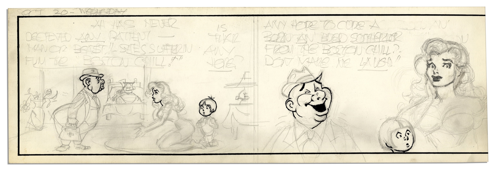 Unfinished ''Li'l Abner'' Comic Strip by Al Capp, Drawn in Pencil on Both Sides -- Undated & Untitled, Features Daisy Mae & Honest Abe -- 18.5'' x 6.5'' -- Very Good -- From Al Capp Estate