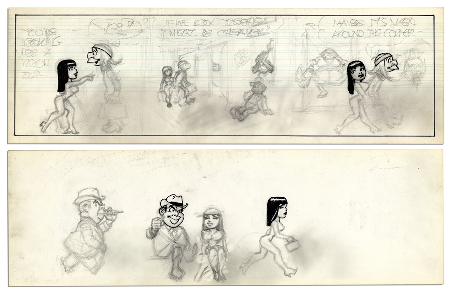 ''Li'l Abner'' Unfinished Comic Strip by Al Capp in Pencil & Black Ink -- Undated With Characters Drawn to Verso -- 19.75'' x 6.25'' -- Very Good -- From the Al Capp Estate
