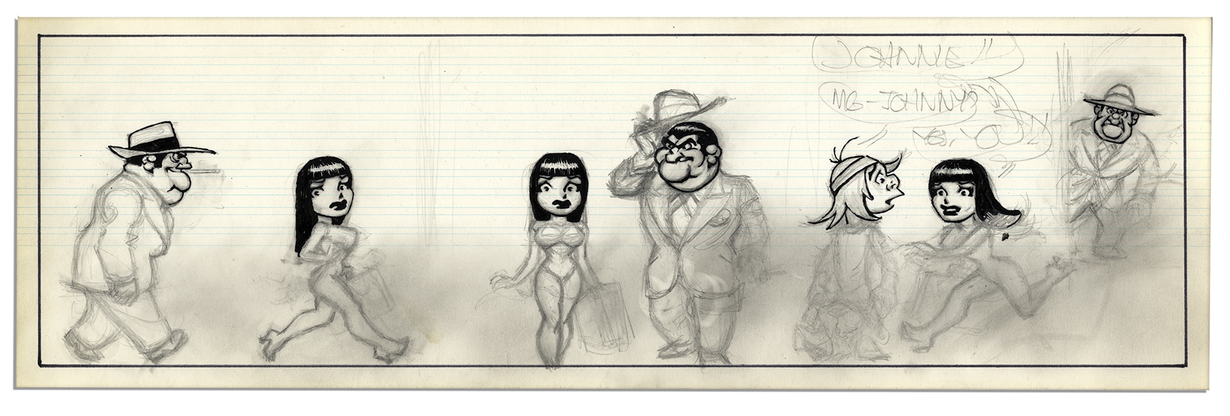 Unfinished Comic Strip by Al Capp in Pencil & Black Ink -- Undated -- 19.75'' x 6.25'' -- Near Fine -- From the Al Capp Estate