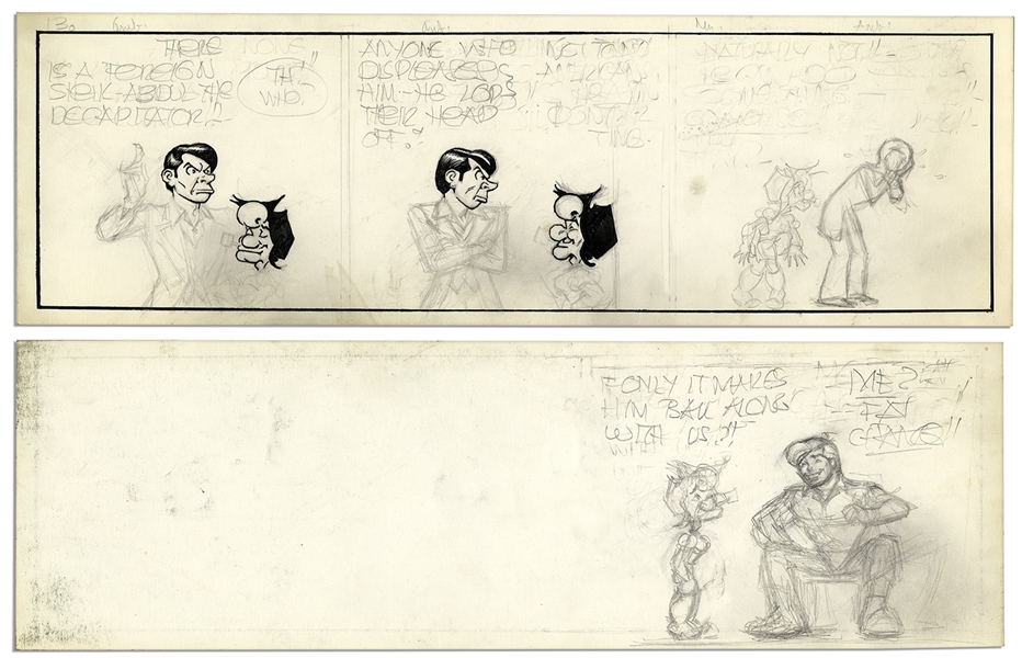 ''Li'l Abner'' Unfinished Comic Strip by Al Capp in Pencil & Ink -- Undated & Featuring Mammy Yokum With Sketch of Li'l Abner to Verso -- 19.75'' x 6.25'' -- Very Good -- From Al Capp Estate
