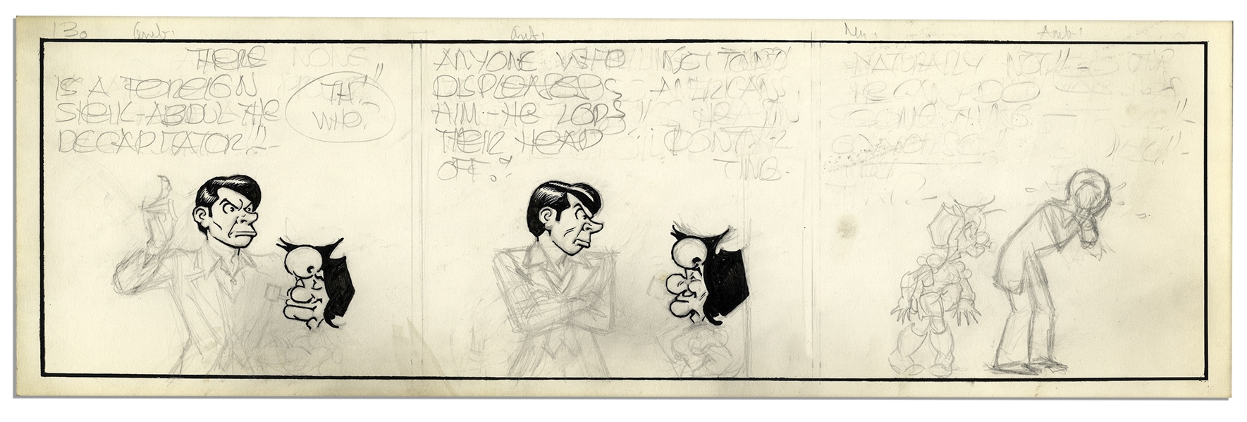 ''Li'l Abner'' Unfinished Comic Strip by Al Capp in Pencil & Ink -- Undated & Featuring Mammy Yokum With Sketch of Li'l Abner to Verso -- 19.75'' x 6.25'' -- Very Good -- From Al Capp Estate