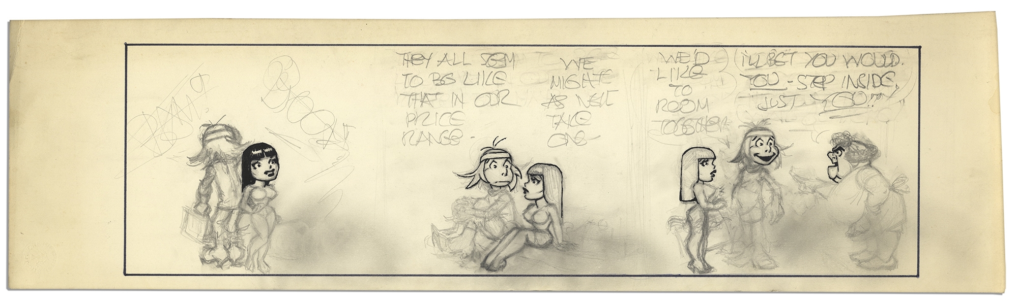 Unfinished Comic Strip by Al Capp in Pencil & Ink -- Undated & Untitled -- 23.5'' x 6.5'' -- Very Good -- From the Al Capp Estate