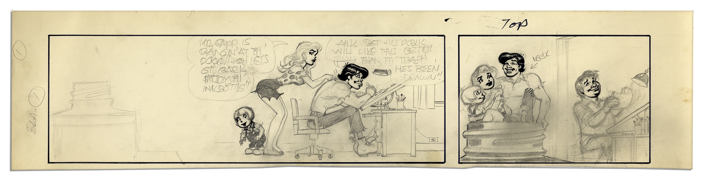 ''Li'l Abner'' Unfinished Comic by Al Capp in Pencil & Ink -- Undated & Featuring Li'l Abner, Daisy Mae & Honest Abe at Capp's Drawing Desk -- 23'' x 5.5'' -- Very Good -- From Capp Estate