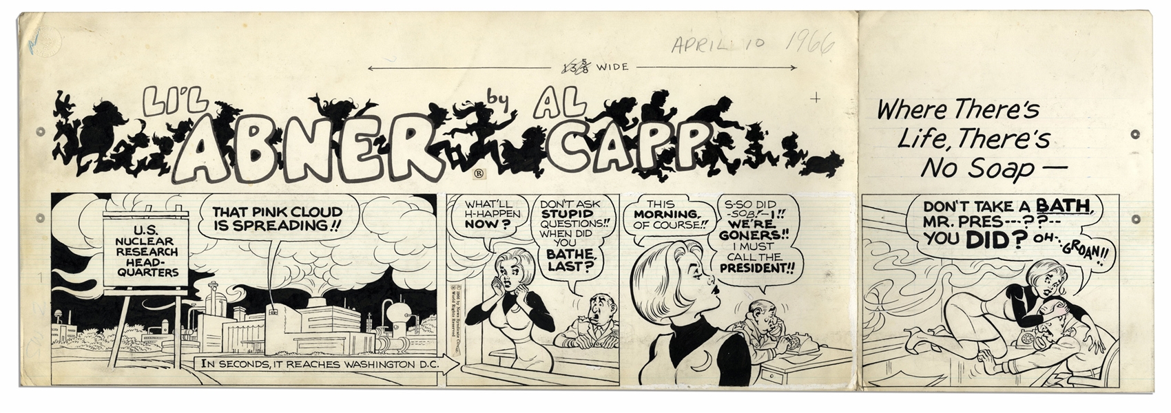 ''Li'l Abner'' Sunday Strip From 10 April 1966 Featuring Miss Scrubwell & S.W.I.N.E. -- Hand-Drawn by Al Capp -- 29.25'' x 23'' on 3 Separated Strips -- Very Good -- From the Al Capp Estate