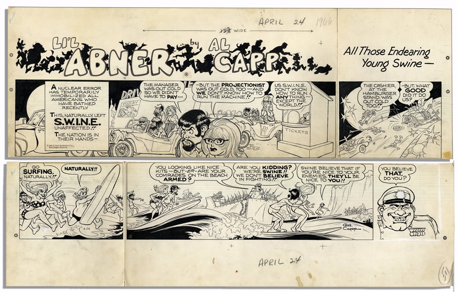''Li'l Abner'' Sunday Strip Hand-Drawn by Al Capp From 24 April 1966 -- Featuring Capp's Famous ''S.W.I.N.E'' Characters -- 29'' x 18'' On 2 Separated Strips -- Very Good -- From Capp Estate