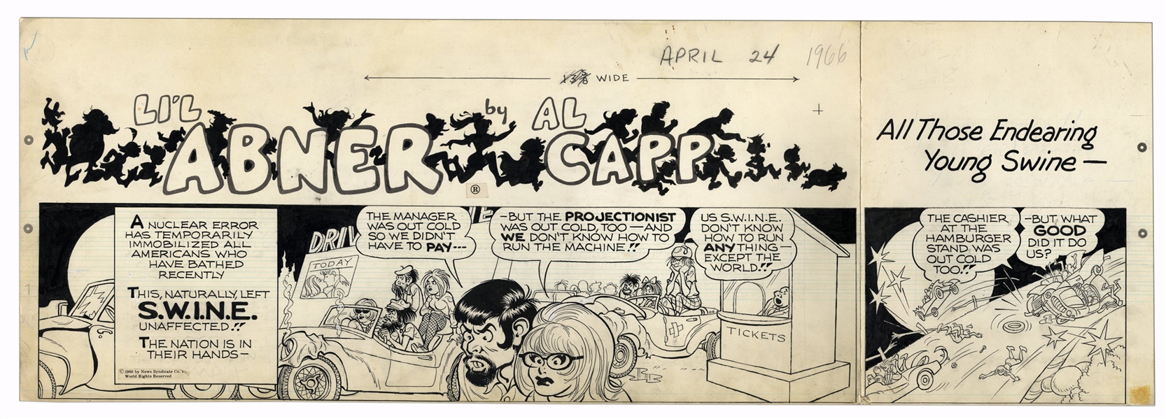 ''Li'l Abner'' Sunday Strip Hand-Drawn by Al Capp From 24 April 1966 -- Featuring Capp's Famous ''S.W.I.N.E'' Characters -- 29'' x 18'' On 2 Separated Strips -- Very Good -- From Capp Estate