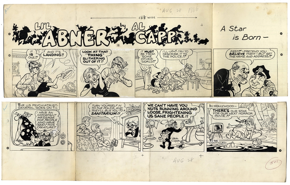 ''Li'l Abner'' Sunday Strip Hand-Drawn by Al Capp From 28 August 1966 -- Monster Costume Storyline -- Sketches to Verso -- 29'' x 18'' on 2 Separated Strips -- Very Good -- From Capp Estate