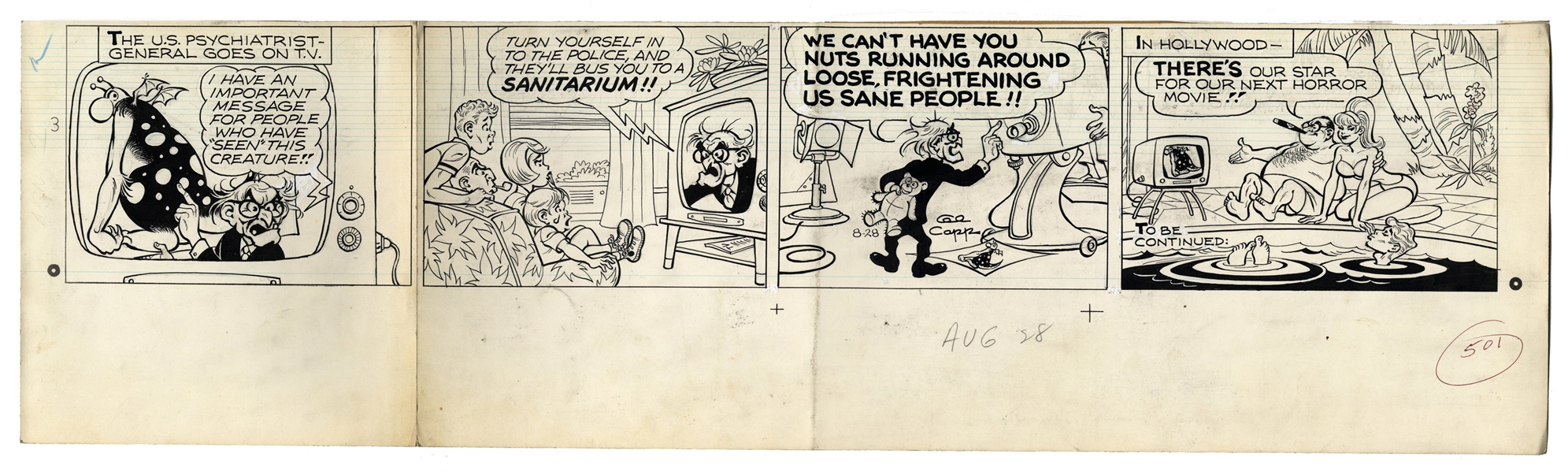 ''Li'l Abner'' Sunday Strip Hand-Drawn by Al Capp From 28 August 1966 -- Monster Costume Storyline -- Sketches to Verso -- 29'' x 18'' on 2 Separated Strips -- Very Good -- From Capp Estate
