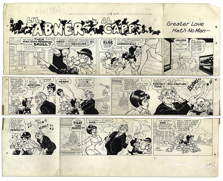 ''Li'l Abner'' Sunday Strip From 11 December 1966 With Mammy & Pappy -- Hand-Drawn & Signed by Al Capp, Who Sketches to Verso -- 3 Parts, Largest 29'' x 9.75'', Very Good -- From Capp Estate