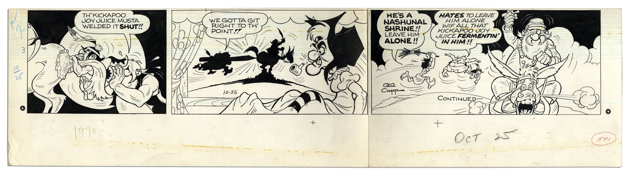 ''Li'l Abner'' Sunday Strip Hand-Drawn & Signed by Al Capp From 25 October 1970 -- Mammy, Hairless Joe & Lonesome Polecat -- 29'' x 7.5'' -- Very Good Plus -- From the Al Capp Estate