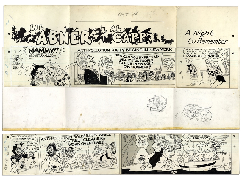 ''Li'l Abner'' Partial Sunday Strip Drawn by Al Capp, Who Sketches on Verso -- 18 October 1970 -- Mammy, Daisy Mae, Joe, Polecat & Hippies -- 29'' x 15.25'' -- Very Good -- From Capp Estate