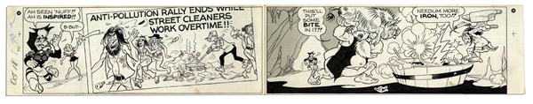 ''Li'l Abner'' Partial Sunday Strip Drawn by Al Capp, Who Sketches on Verso -- 18 October 1970 -- Mammy, Daisy Mae, Joe, Polecat & Hippies -- 29'' x 15.25'' -- Very Good -- From Capp Estate