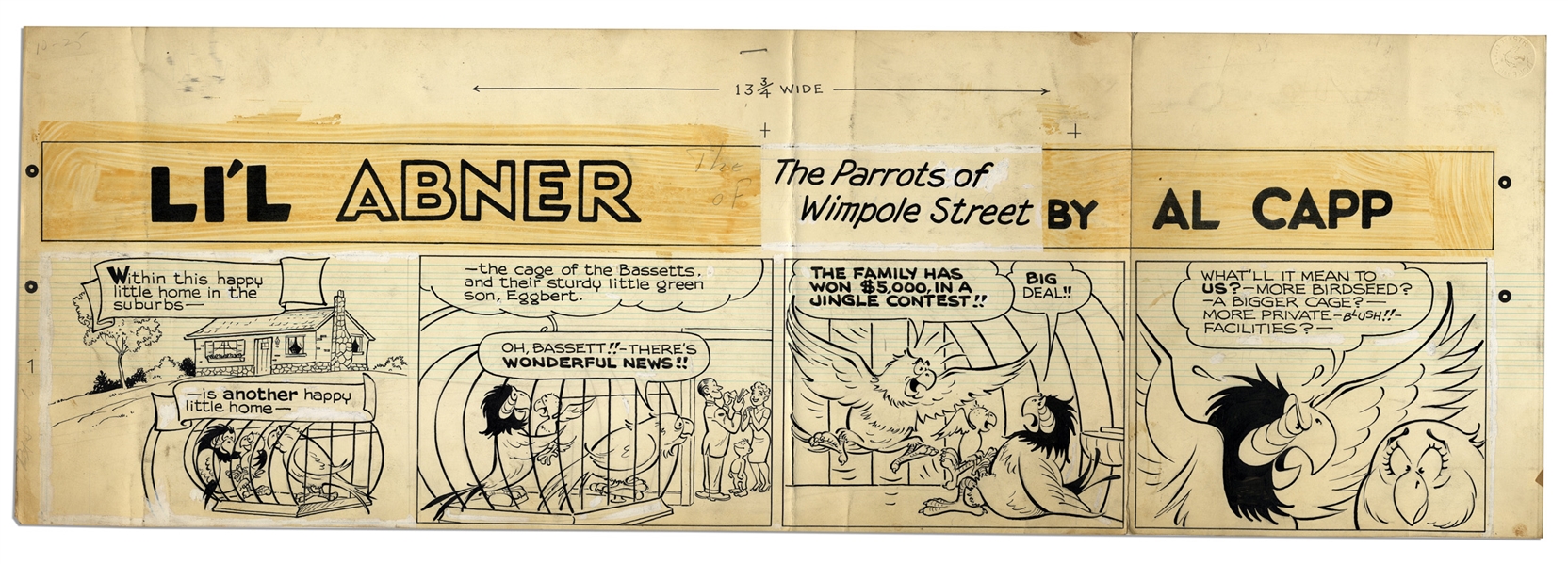 ''Li'l Abner'' Sunday Strip Hand-Drawn by Frank Frazetta & Al Capp From 29 October 1959 -- Featuring the Parrots of Wimpole Street -- 29'' x 9.75'' -- Very Good -- From the Al Capp Estate