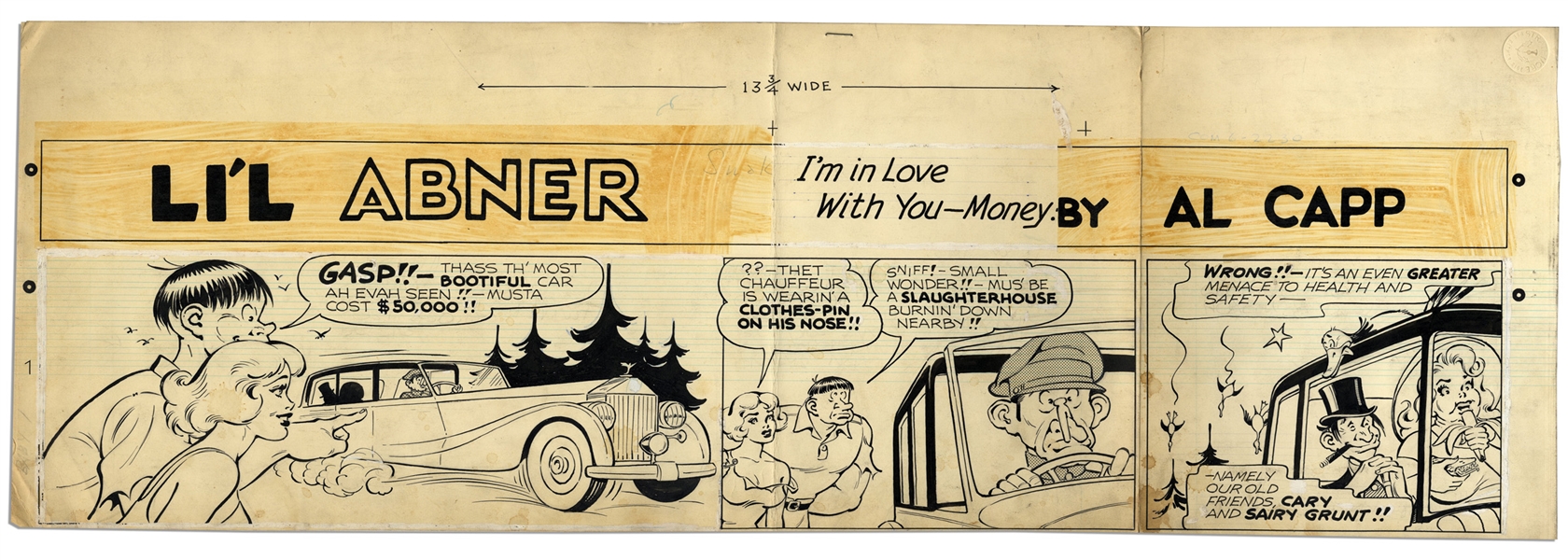 ''Li'l Abner'' Sunday Strip Hand-Drawn by Al Capp From 12 July 1959 -- Featuring Cary & Sairy Grunt -- 29'' x 9.75'' -- Toning, White Out & Creasing, Very Good -- From the Al Capp Estate