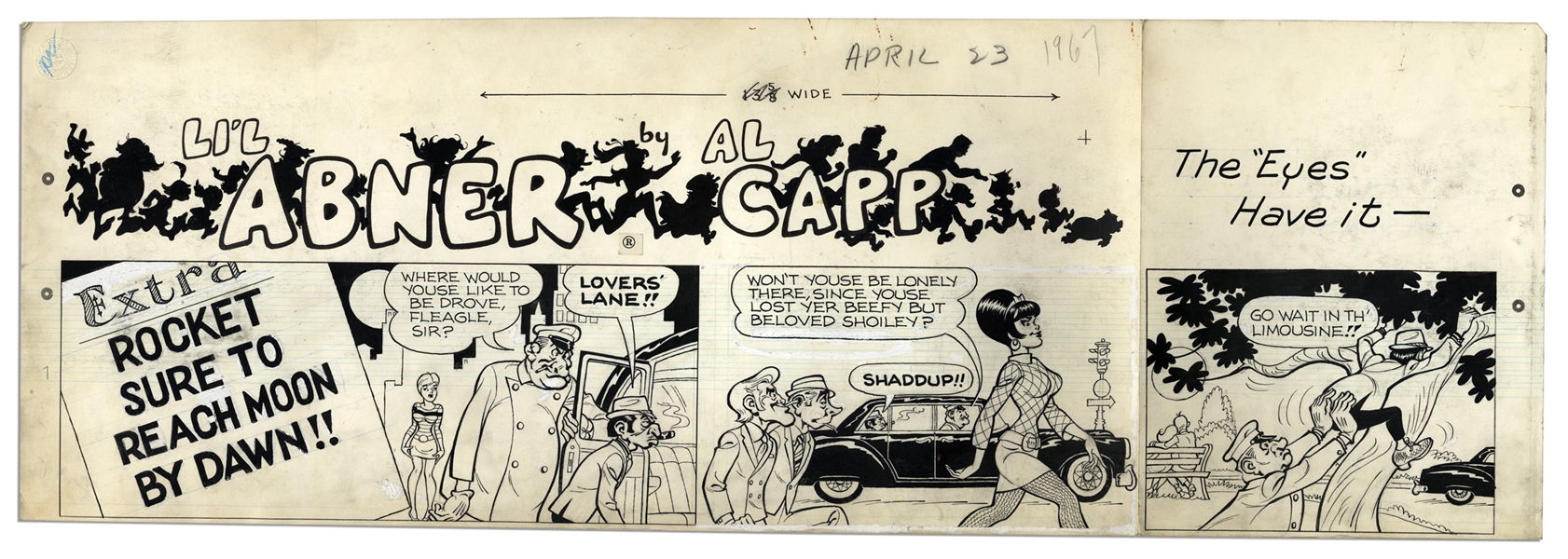 ''Li'l Abner'' Sunday Strip Hand Drawn by Al Capp From 23 April 1967 -- Featuring Evil Eye Fleegle & Shoiley -- 29'' x 15'' -- Toning & Tape, Overall Very Good -- From the Al Capp Estate