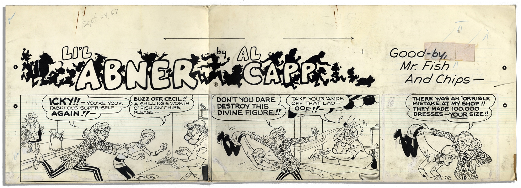 ''Li'l Abner'' Sunday Strip Hand-Drawn & Signed by Al Capp From 24 September 1967 -- Spoofing Ultra-Thin Models -- 29'' x 22.5'' on 3 Separated Strips -- Very Good -- From the Al Capp Estate