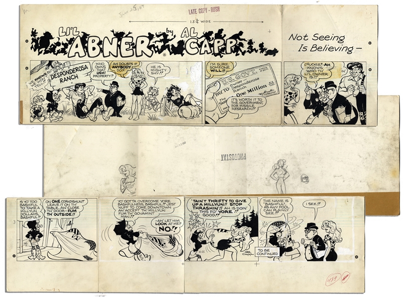 ''Li'l Abner'' Sunday Strip Drawn by Al Capp From 25 June 1967 -- Featuring Li'l Abner, Daisy Mae, Mammy, Pappy, Abe, McSwine, Bashful Yokum -- 29'' x 17.75'' -- Good -- From Capp Estate