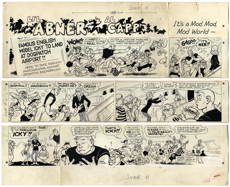 ''Li'l Abner'' Sunday Strip Hand-Drawn by Al Capp From 11 June 1967 -- Spoofing Ultra-Thin Models -- 29'' x 23'' on Three Separated Strips -- Very Good -- From the Al Capp Estate