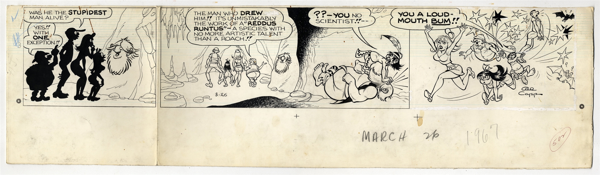 ''Li'l Abner'' Sunday Strip Hand-Drawn & Signed by Al Capp From 26 March 1967 -- Hairless Joe & Lonesome Polecat -- in Two Segments, Larger 29'' x 8'' -- Very Good -- From the Al Capp Estate