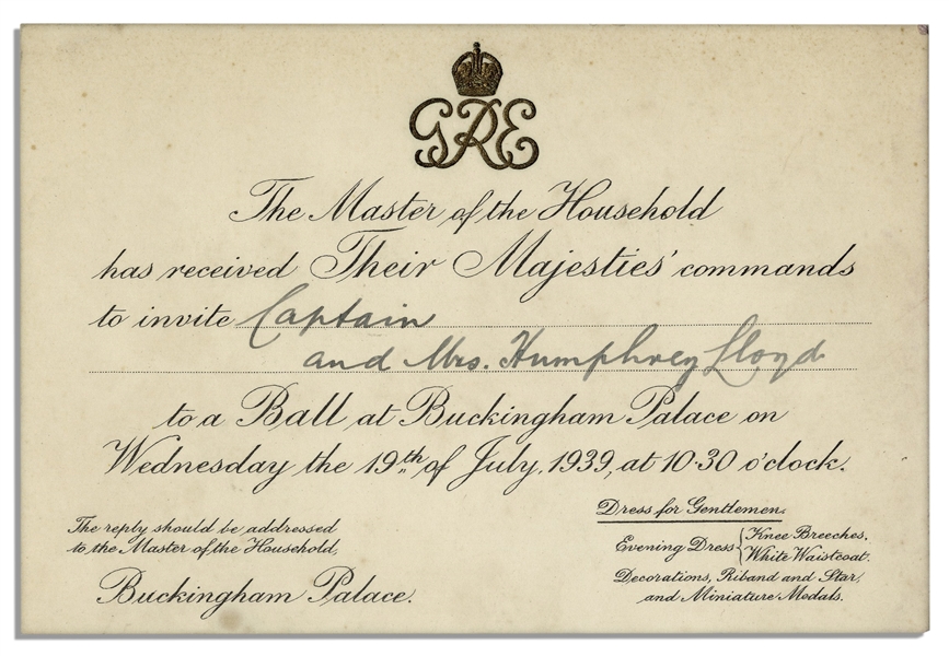 King George VI & Queen Elizabeth Invitation to a Ball at Buckingham Palace