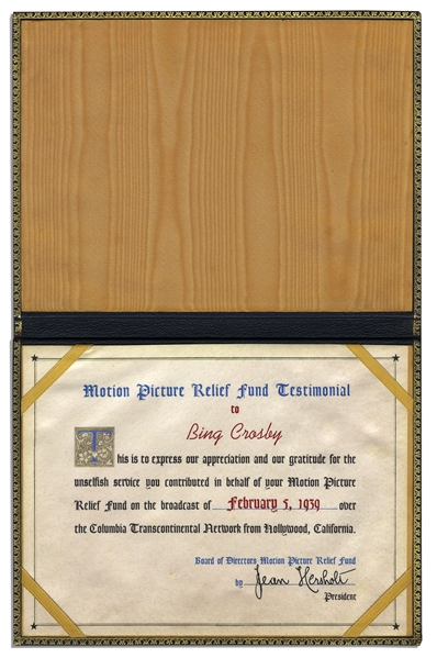 Bing Crosby's Appreciation Certificate from the Motion Picture Relief Fund in 1939