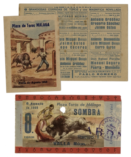 Ernest Hemingway's Own Bullfighting Ticket and Schedule From 8 August 1959 -- From the ''Plaza Toros de Malaga'' in Spain -- Hemingway Wrote About the Bullfights of 1959 in His Final Book