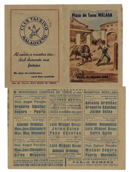 Ernest Hemingway's Own Bullfighting Ticket and Schedule From 8 August 1959 -- From the ''Plaza Toros de Malaga'' in Spain -- Hemingway Wrote About the Bullfights of 1959 in His Final Book