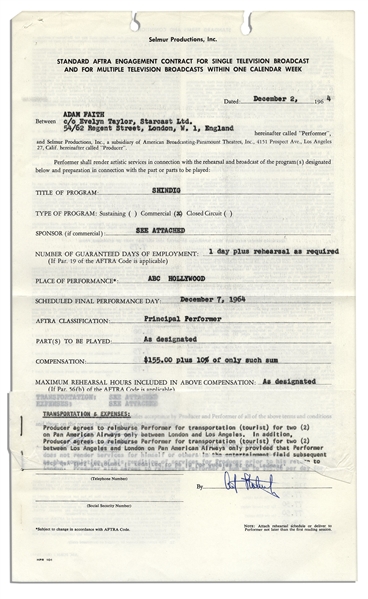 Adam Faith Signed Contract for a Television Performance in 1964