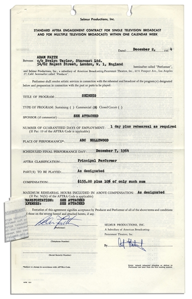 Adam Faith Signed Contract for a Television Performance in 1964