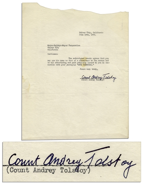 Tolstoy's Grandson, Count Andrey Tolstoy Typed Letter Signed to MGM Regarding The 1935 Film Adaptation of Tolstoy's Masterpiece ''Anna Karenina''