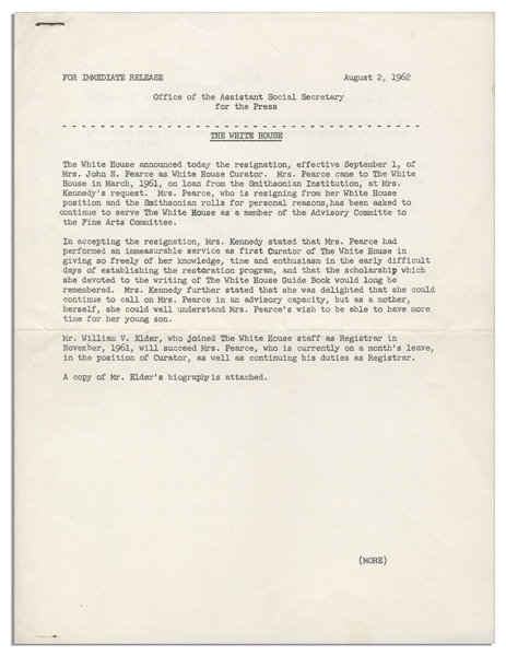 Jackie Kennedy White House Press Release -- Announcing the Resignation of the Artistic Curator During the Famous Renovation of the White House