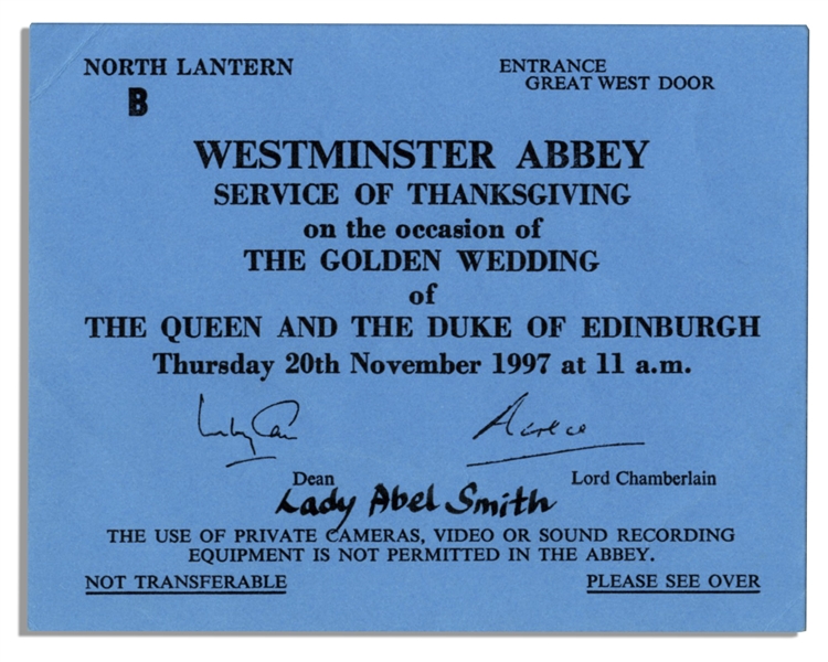 Ticket to Queen Elizabeth II's Golden Wedding Anniversary Celebration -- Issued to the Queen's Lady-in-Waiting